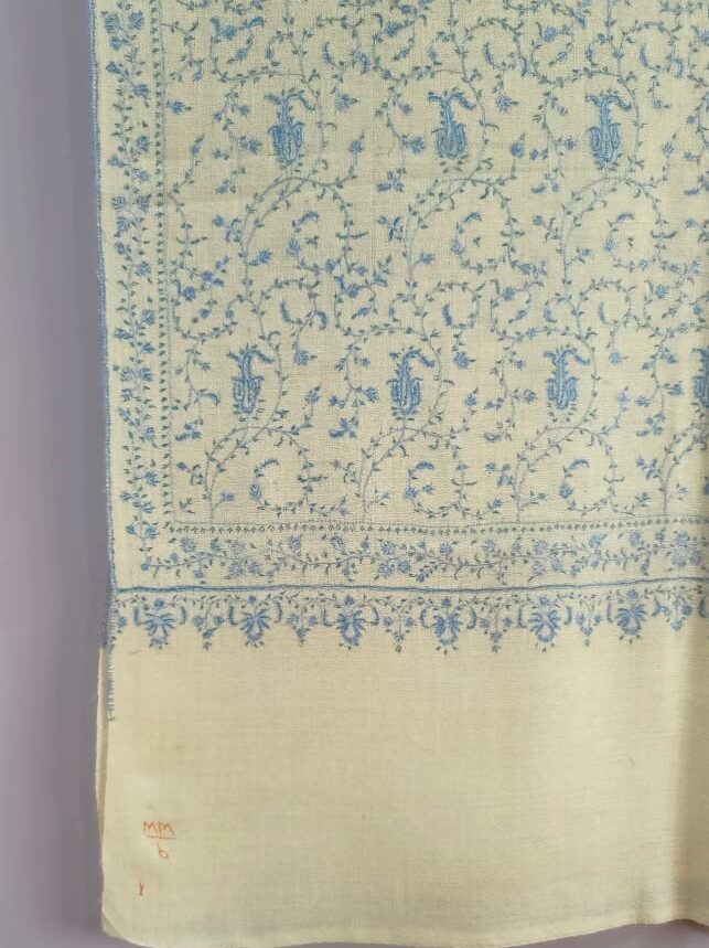 Offwhite Pashmina stole in blue Jalli design, hand signed by the embroidery Master