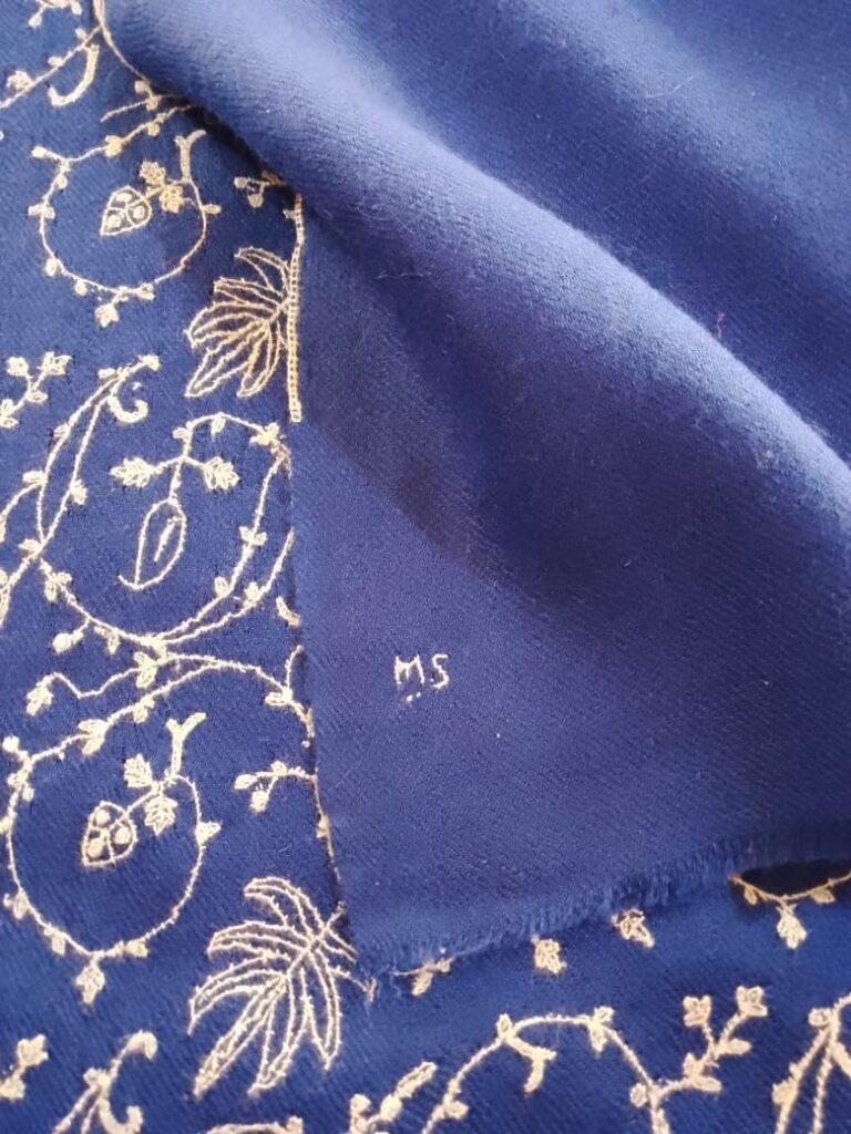 Blue Pashmina stole in Jalli design, hand signed by the embroidery Master