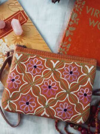 Pouch with Purple Kashida Flowers and Singe Zip