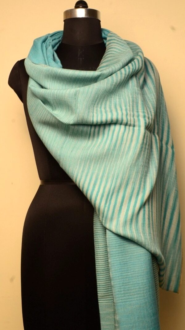 Merino wool stole with hand-dyed yarn and Ikat design in cream and blue