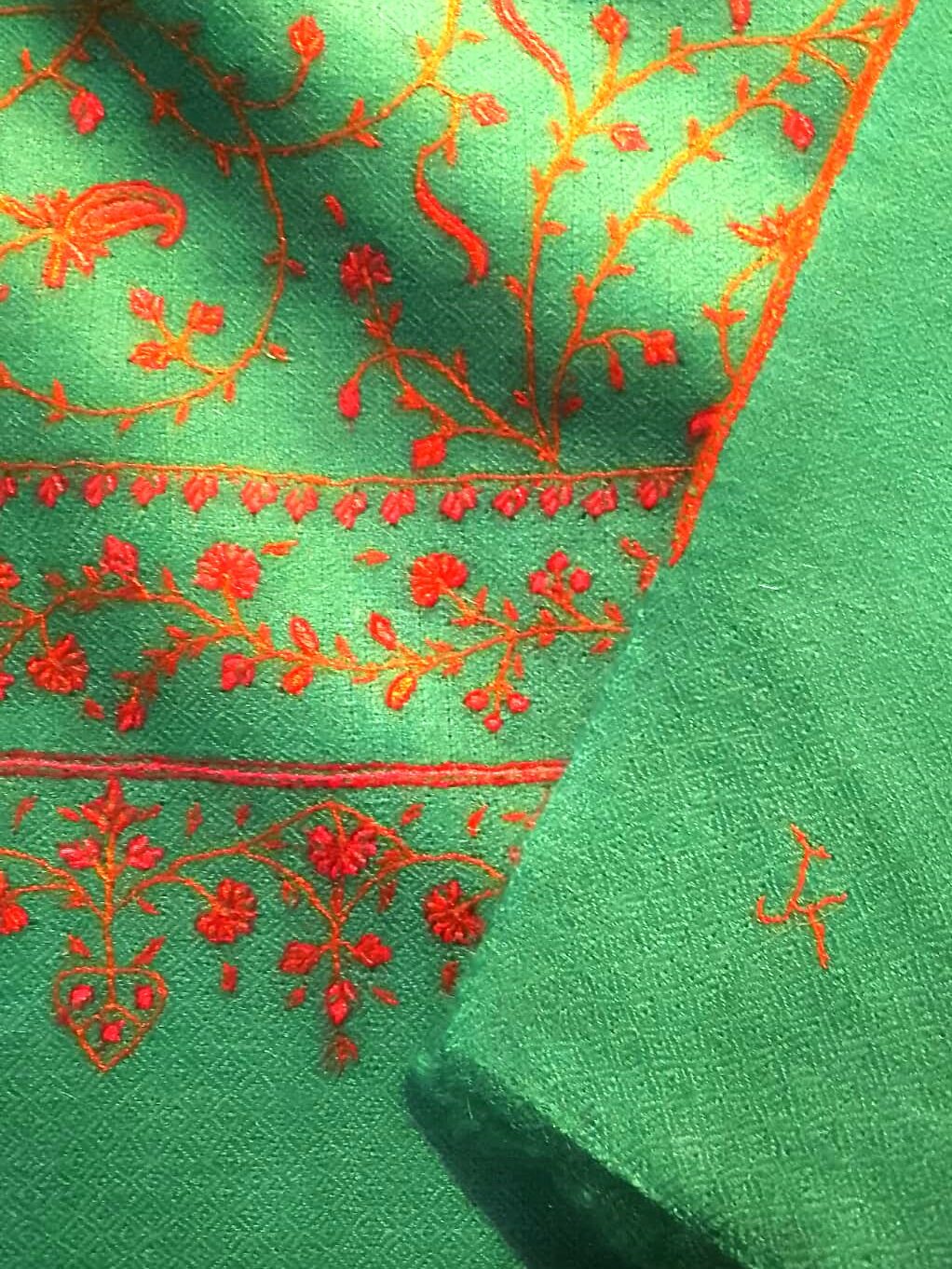 green Pashmina stole in Jalli design, hand signed by the embroidery Master