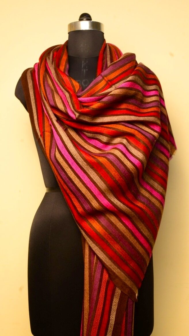 Pure wool stole with length wise stripes in pink, red and gold