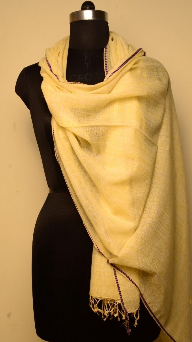 Pure wool stole with hand-dyed yarn and highlighted borders in light yellow